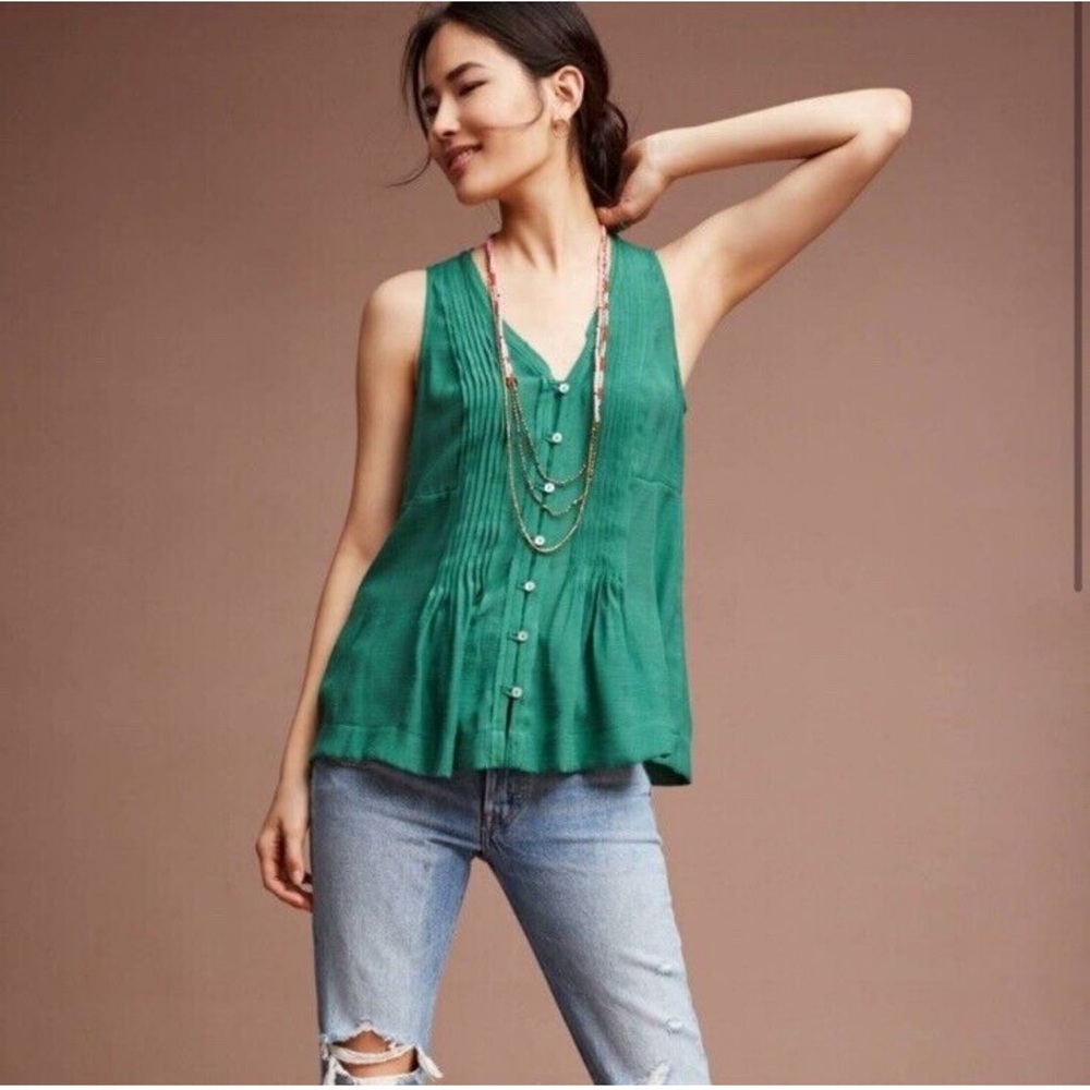 Anthropologie Maeve Pintucked Green Sleeveless Top